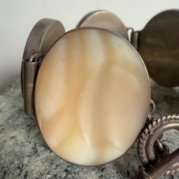Vintage Mother of Pearl and Sterling Panel Statement Bracelet - Picture 2 of 15